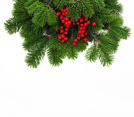 Christmas tree branch decorated with red berries isolated on white background, greeting card template