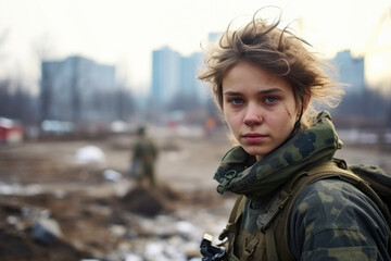 Fototapeta na wymiar teenage soldier in headphones after combat operations against the backdrop of the city and silhouettes of ice. Copy space.