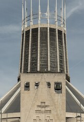 Architecture interior design of Liverpool metropolitan cathedral. The Roman catholic cathedral at Merseyside, Space for text, Selective focus.