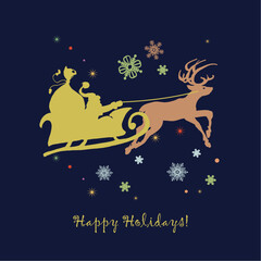 Santa's sleigh on Christmas night flying greeting card