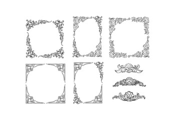 Hand drawn vector abstract outline,graphic,line art vintage baroque ornament floral frames set in minimalistic modern style.Baroque floral vintage outline design concept.Vector antique frame isolated. - 671654247
