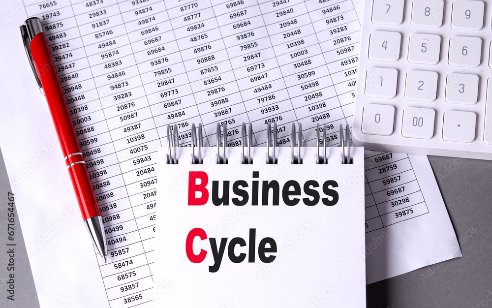 Poster business cycle text on notebook with pen, calculator and chart on grey background