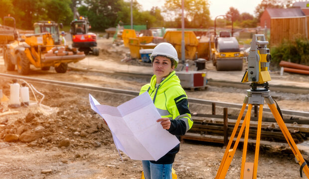 Female site engineer surveyor working with theodolite total station EDM equipment on a building construction site outdoors
