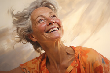 healthy female older woman looking happy - obrazy, fototapety, plakaty