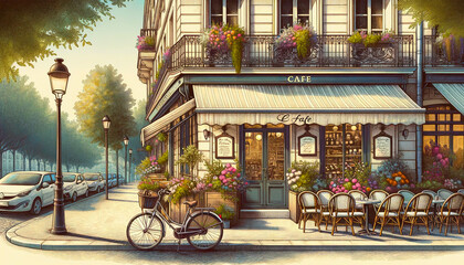 Fototapeta premium 早朝のフレンチカフェ：オープン前の静けさ