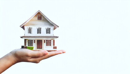 Fototapeta na wymiar House model in human hand on white background, Real estate concept.