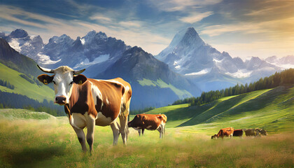 Fototapeta na wymiar Cows graze on the meadow against the background of mountains