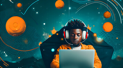 An African-American man listening to music with headphones. Eye-catching colors. Space for text. - obrazy, fototapety, plakaty