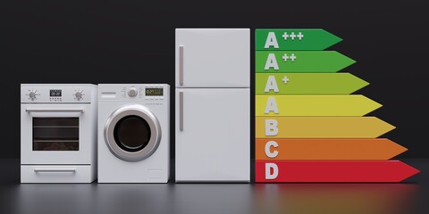 Energy Efficiency and Home Appliance. Appliance, energy rating chart on black background. 3d render
