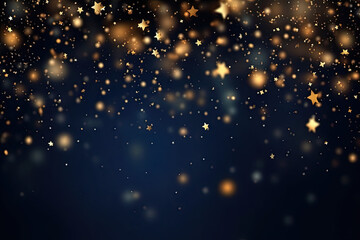 Abstract background with gold stars, particles and sparkling on navy blue. Christmas Golden light...