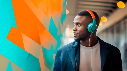 An African-American man listening to music with headphones. Eye-catching colors. Space for text. - obrazy, fototapety, plakaty