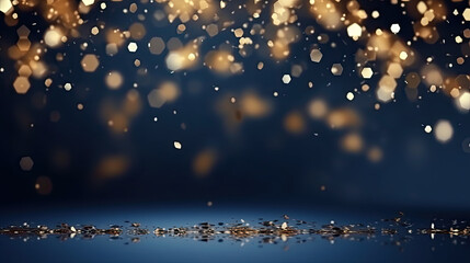 Abstract background with gold stars, particles and sparkling on navy blue. Christmas Golden light shine particles bokeh on navy blue background. 2024 New year background. AI Generative - obrazy, fototapety, plakaty