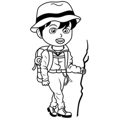 cartoon hiker boy with walking stick line art