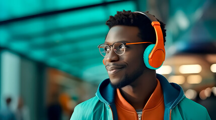 An African-American boy listening to music with headphones. Eye-catching colors. Space for text. - obrazy, fototapety, plakaty
