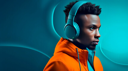 An African-American boy listening to music with headphones. Eye-catching colors. Space for text. - obrazy, fototapety, plakaty