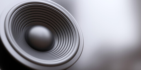 Silver Loudspeaker on empty silver background. Round speaker. Ad template, copy space. 3d render