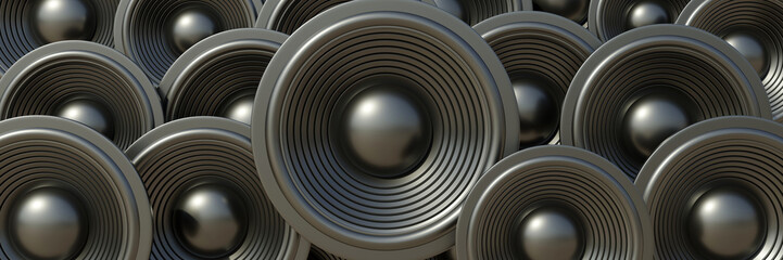 Black Loudspeakers background. round speakers, stereo sound, professional equipment. Banner.