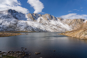 Snow covered mountain, water, and tundra at Summit Lake at Mount Evans/Mount Blue Sky near Idaho...