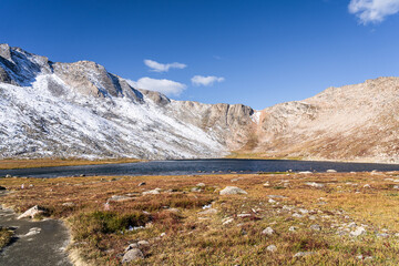 Snow covered mountain, water, and tundra at Summit Lake at Mount Evans/Mount Blue Sky near Idaho...