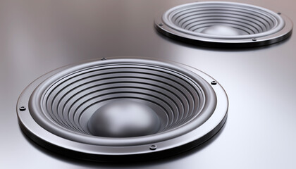 Silver Loudspeaker on silver background. Round shaped speaker, stereo sound. Above view. 3d render