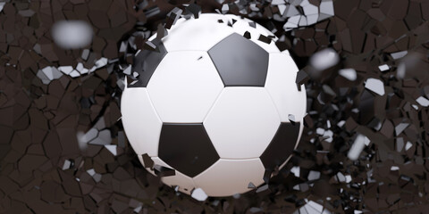 Soccer football ball breaks with great force a black wall background texture. Wallpaper. 3d render