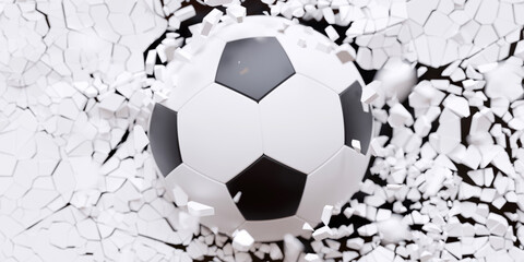 Soccer football ball breaks with great force a white wall background texture. Wallpaper. 3d render