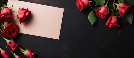 Dark background invitation or greeting card mockup with roses flowers and envelope blank copy