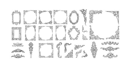 Hand drawn vector abstract outline,graphic,line art vintage baroque ornament floral frames set in minimalistic modern style.Baroque floral vintage outline design concept.Vector antique frame isolated.