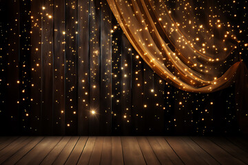 Celebrate event on stage with curtain and gold sparkles, happy new year - obrazy, fototapety, plakaty