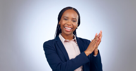 Business, success and face of black woman with applause in studio with congratulations, pride or praise on grey background. Portrait, smile or lady entrepreneur with clapping hands emoji motivation