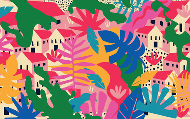 Colorful flowers and leaves poster background vector illustration. Exotic plants, branches, flowers and leaves art print for beauty, fashion and natural products, spa and wellness, wedding and events	