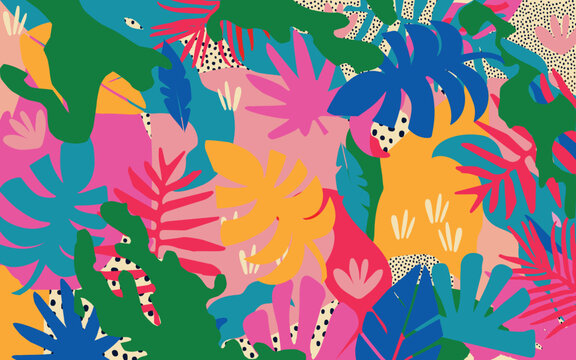 Colorful flowers and leaves poster background vector illustration. Exotic plants, branches, flowers and leaves art print for beauty, fashion and natural products, spa and wellness, wedding and events	