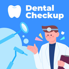 A graphic illustration of a doctor performing dental diagnosis and surgery while holding a medical chart.
