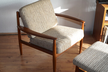 Armchair with Ottoman Danish Design in a Cosy Modern Furnished Living Room 60s Style Interior with...