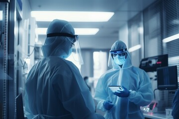 Doctors in mask preparing to work inside hospital during coronavirus outbreak - obrazy, fototapety, plakaty