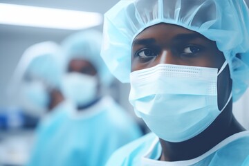 Close up face of african american doctors at work inside hospital during coronavirus  - obrazy, fototapety, plakaty
