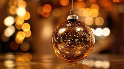 A close-up view of a shiny bauble reflecting the festive ambiance of the room. - obrazy, fototapety, plakaty