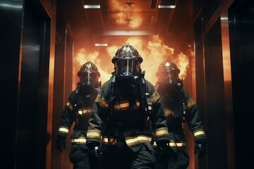 Group of firefighters in helmets entering building against fire background - obrazy, fototapety, plakaty