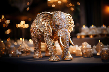 Exquisite golden elephant statue adorned with sparkling gemstones, epitomizing luxury and intricate artistry in an elegant setting.