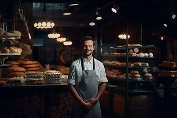 Baker in uniform at manufacturing. Concept of small business owner