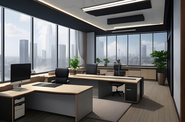 Fototapeta premium Stylish home office or library, comfortable seating, and inspiring views, modern home and office interion design