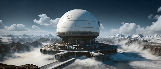 Secret Research station hidden from the public in the middle of Antarctic. Panoramic illustration of huge building with a black matter detection dome. Digital painting.Generative AI - obrazy, fototapety, plakaty