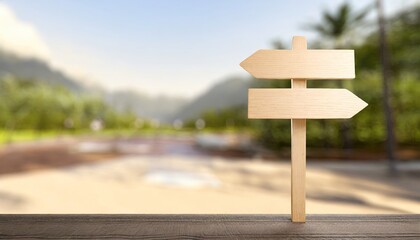 Wooden sign post isolated on nature with white clouds and mountain Direction concept. Mock up, template
