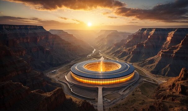 A modern and highly advanced power station using geothermal processes to produce energy located in the centre of Grand Canyon. Lava energy production. Conceptual Digital painting.Generative AI