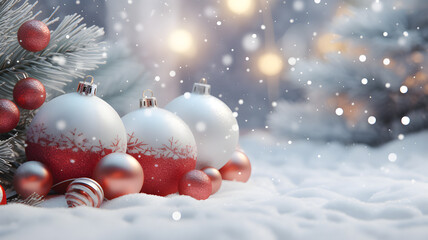 christmas background with gift box fir tree , snow and bauble on bokeh gold background
