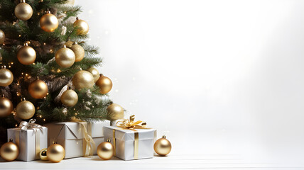 christmas background with gift box fir tree , snow and bauble on bokeh white background