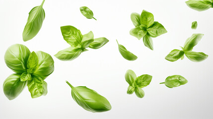 Basil leaves floating in the air on a white background