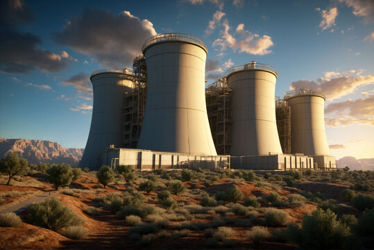 Futuristic massive modern nuclear power plant located in the desert in a remote area of Grand Canyon USA. Cheap energy production. Conceptual Digital painting.Generative AI