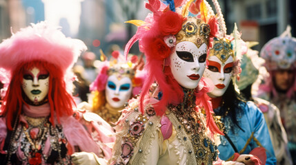 Mardi Gras parade with costumed, masked participants.