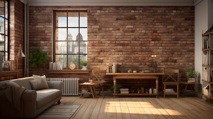 living room decor, home interior design . Industrial Rustic style with Brick Wall decorated with...